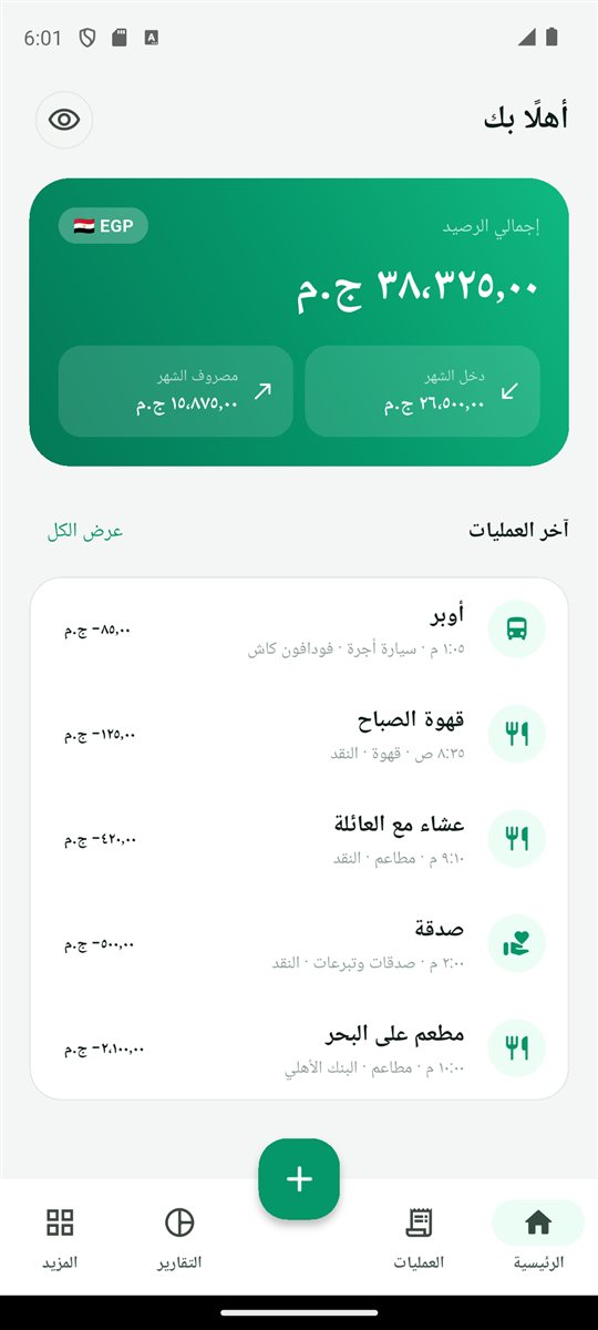 الشاشة الرئيسية في مصاريفي: إجمالي الرصيد ودخل الشهر ومصروفه وآخر العمليات